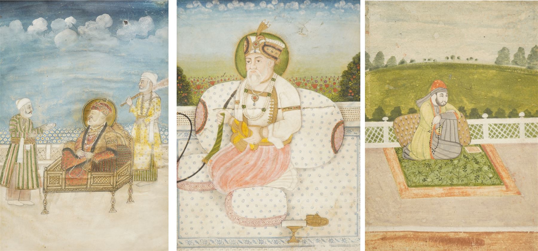 Indian School (18th/19th Century): Portrait of a Mughal Emperor - Possibly Akbar II and two others, set of three gouaches on paper unsigned, one heighted with gold pigment, later inscribed verso max 30cm x 20cm (3)