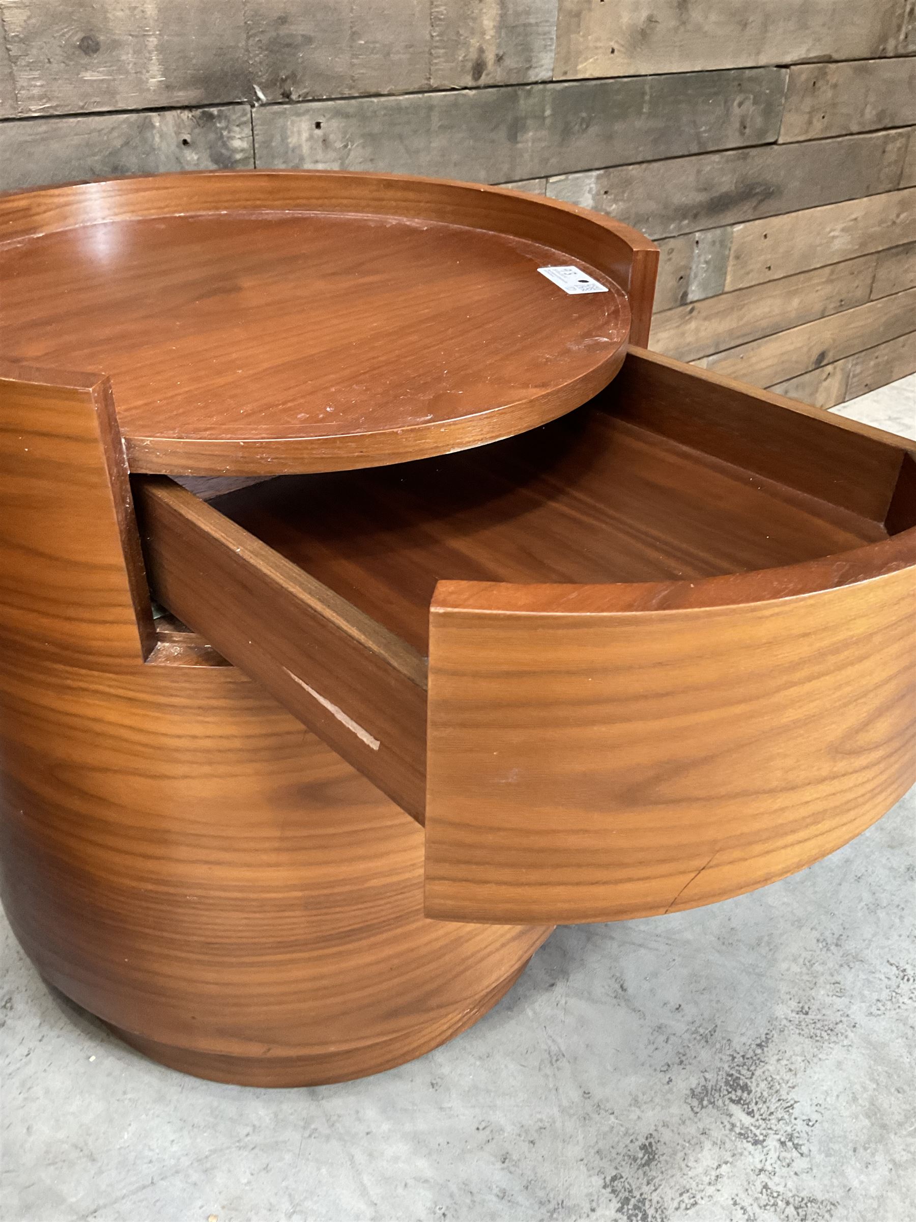 Pair of walnut circular barrel shaped lamp tables, fitted with single drawer