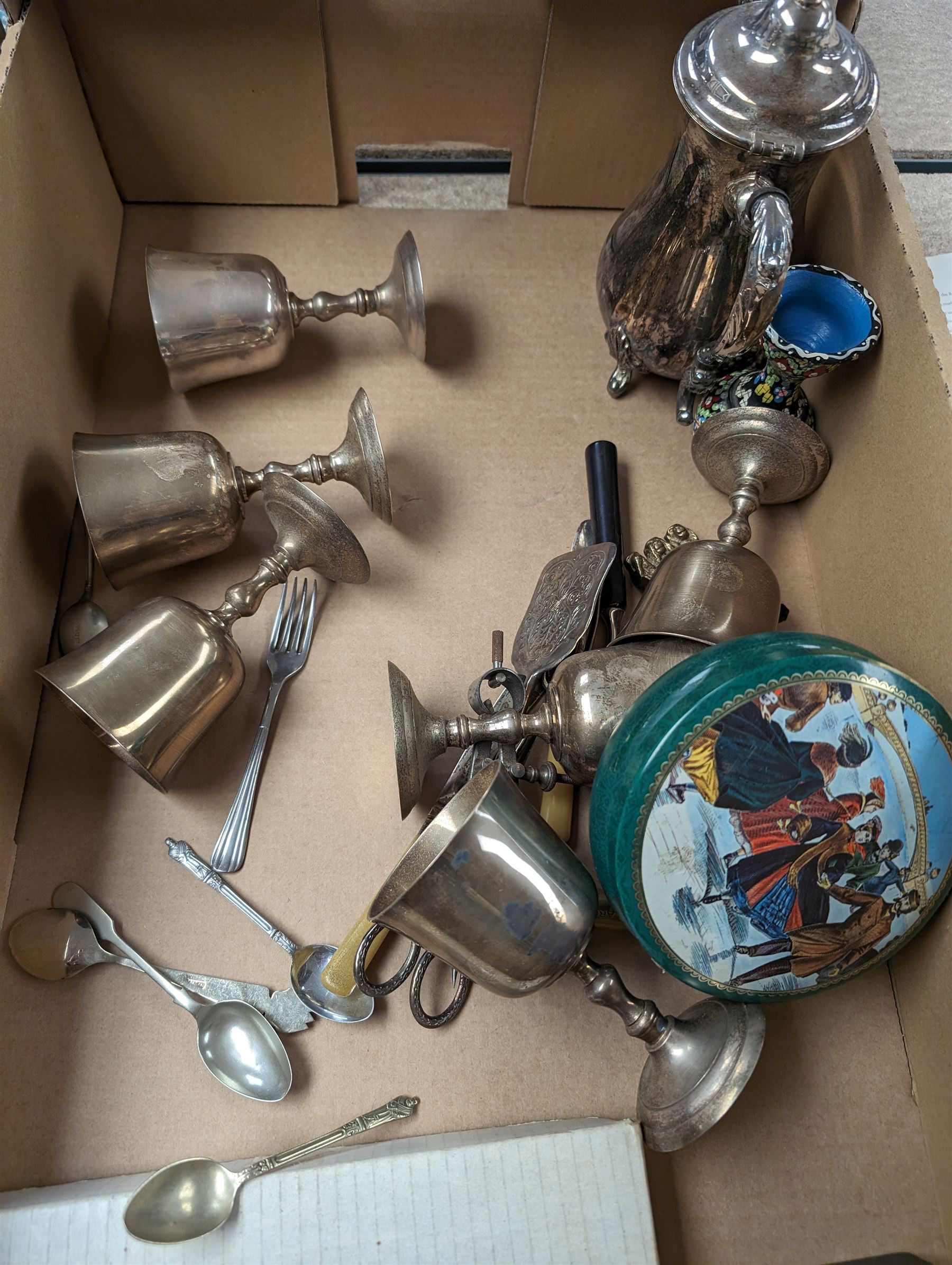 Set of six Henry Marchant Bohemia Crystal glasses, boxed, a cased Mappin & Webb silver plated fish knives and forks set and other silver plate and collectables 