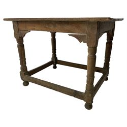 18th century oak joined table, rectangular pegged plank top on turned supports united by plain stretchers