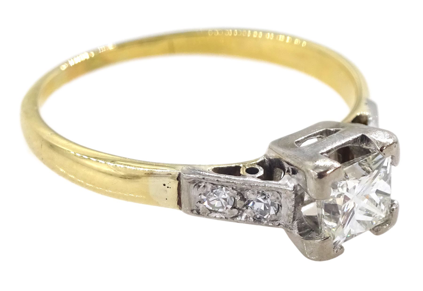 18ct gold single stone princess cut diamond ring, with single cut diamond set shoulders, principal diamond 0.50 carat, clarity VS1, colour H, with AnchorCert Gem Lab report