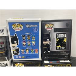 Thirteen Funko! Pop figurines of predominately Batman interest, to include 2016 ‘Batman Classic TV Series Batmobile’ and 2019 teal coloured ‘Batman’ Summer Convention exclusives, most in original boxes, with three similar boxed figures (16)