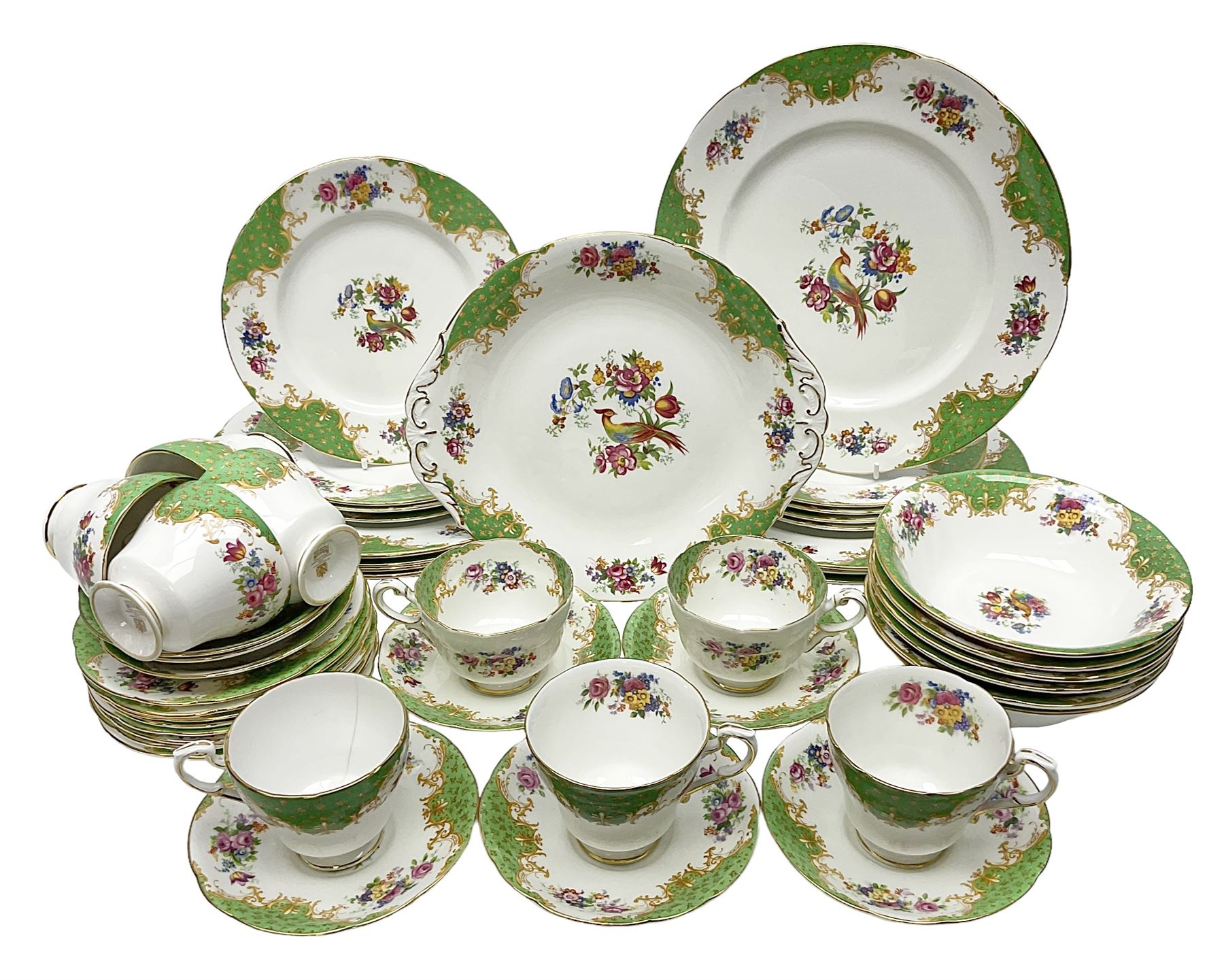 Paragon Rockingham pattern part tea and dinner service including eight cup and saucers of various sizes, eight dessert plates, eight dinner plates, etc (48)