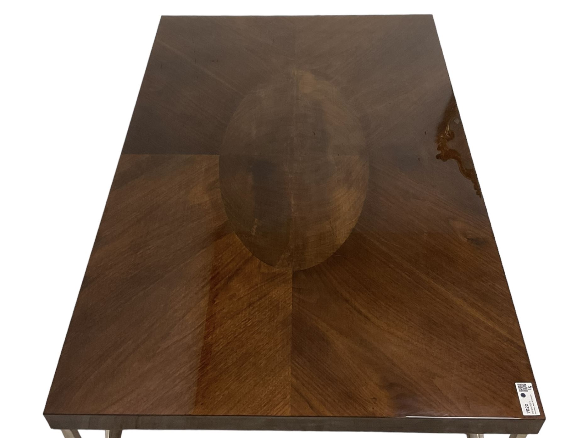 Malerba - Italian burr walnut and chrome coffee table, rectangular top with central oval inlaid panel, raised on chrome square supports united by stretchers, retailed by Harrods