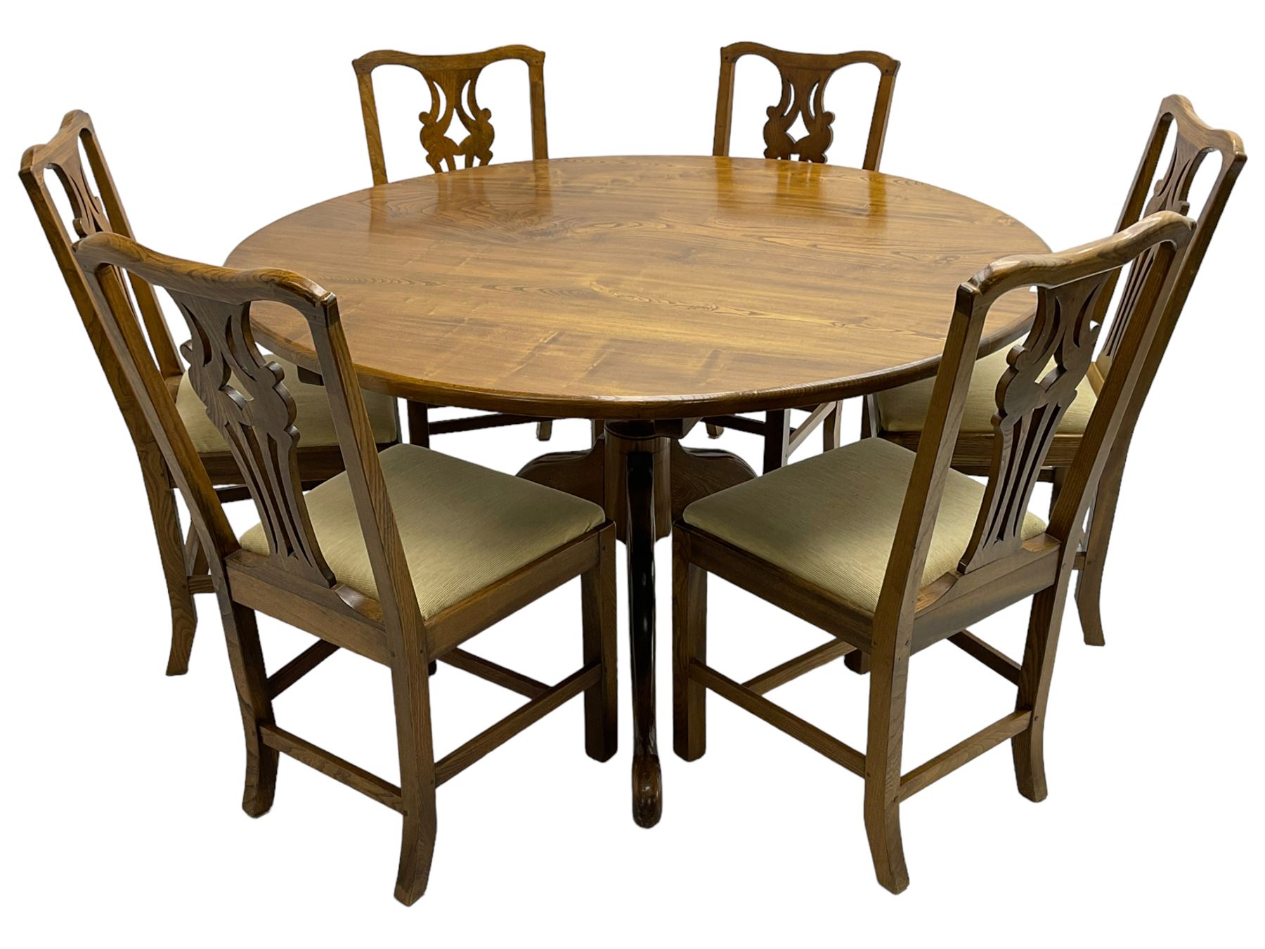 David Shackleton of Snainton - circular figured elm dining table, turned pedestal column on three splayed supports; together with a set of eight dining chairs, shaped cresting rail over shaped and pierced splat, upholstered drop in seat, on square supports united by stretchers 