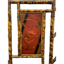 Victorian bamboo hallstand, bevelled mirror over red lacquered and chinoiserie decorated panels, fitted with six brass hooks 