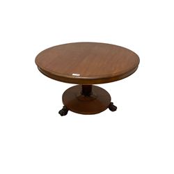 Victorian mahogany breakfast table, circular top with moulded edge, on a tapering pedestal with shaped collar on circular base, raised on three large paw feet