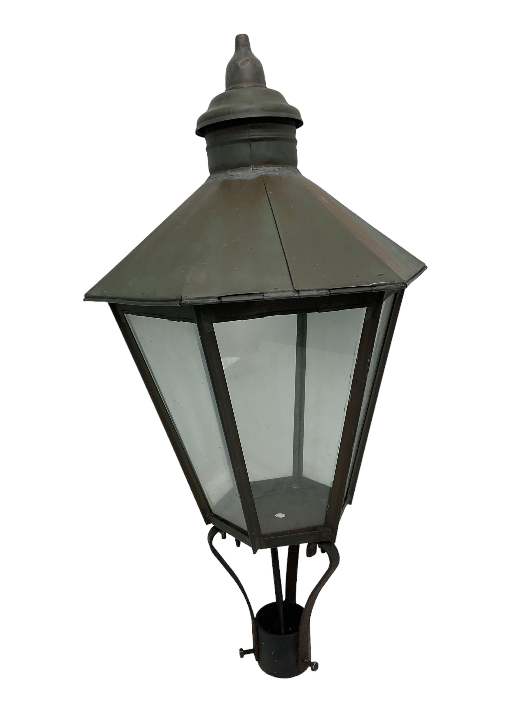 Victorian design six glass lantern, hexagonal tapered from with finial, scrolled lower supports on bracket