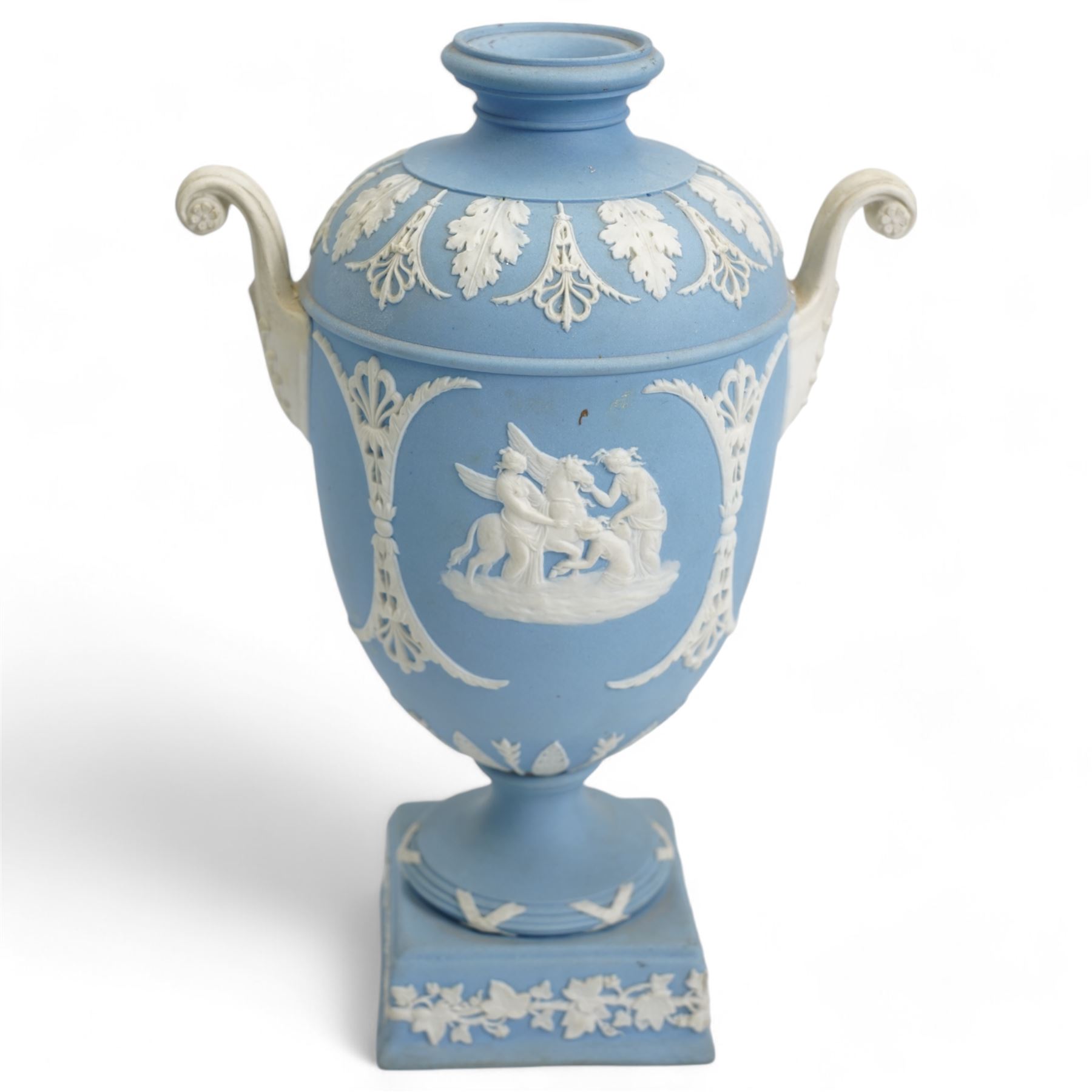 Group of five late 19th and early 20th century Wedgwood blue jasperware urn vases, H28cm and smaller (5)