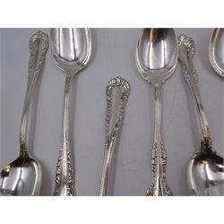 Group of American silver flatware, comprising set of three table spoons, each with beaded stem and engraved with initialsm marked for Mermod & Jaccard Jewelery Co. and a set of six American silver dessert spoons, each engraved with initial in a scrolling border, stamped Sterling