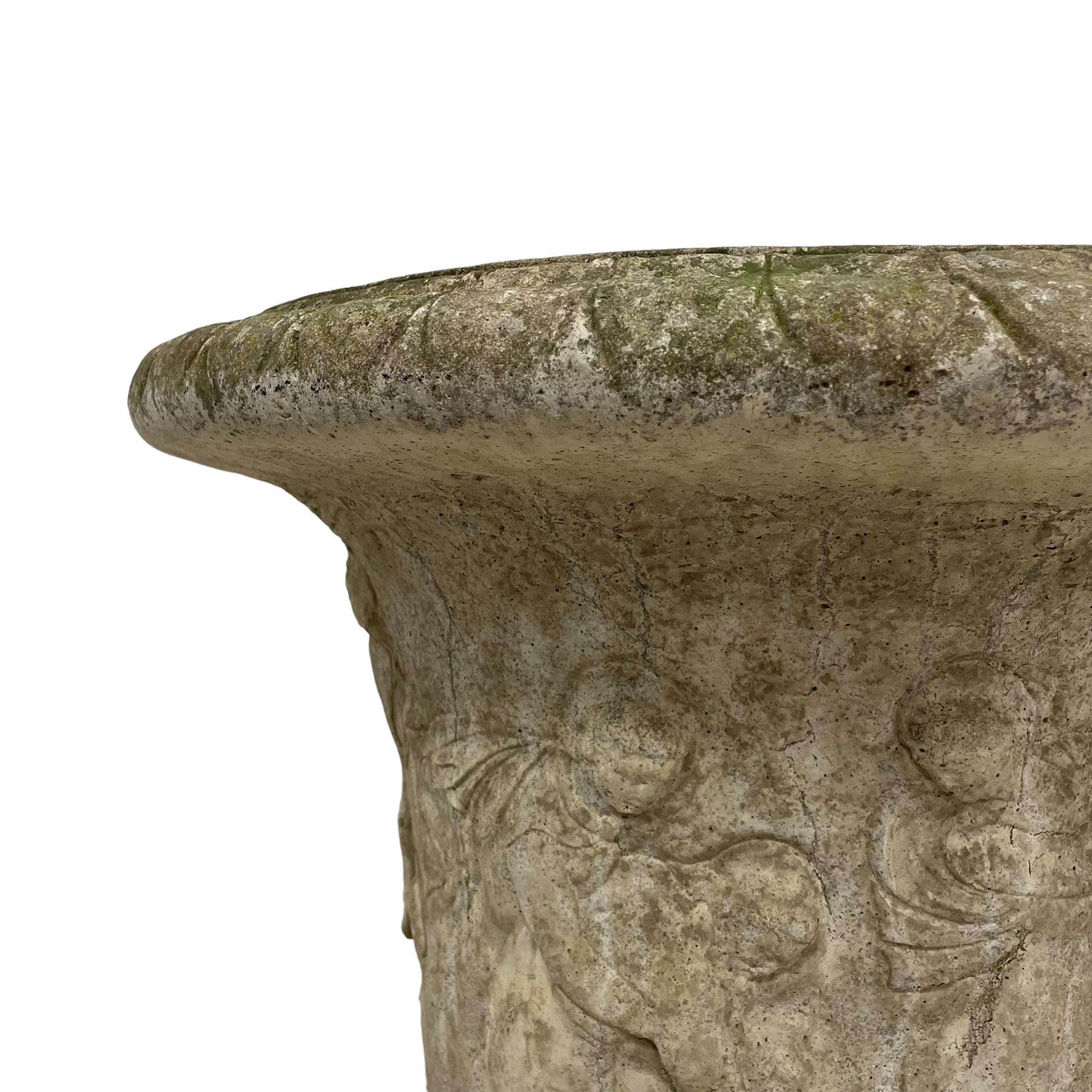 Cast stone Campana shaped urn, decorated with festival scenes over gadrooned underbelly, circular foot on square base