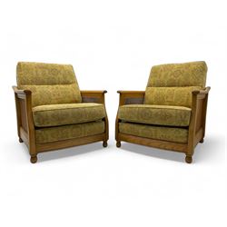 Lucian Ercolani for Ercol - pair of ash framed bergère armchairs, cane sides, upholstered ...