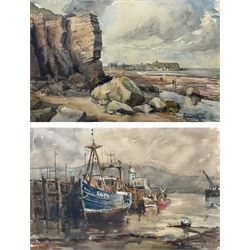 Jim Jameson (Yorkshire 20th century): 'South Beach' and 'Blue Boat - Scarborough Harbour', pair watercolours signed and dated '77, titled verso with artist's address label 34cm x 53cm (2)