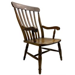 19th century beech Farmhouse armchair, shaped cresting rail over vertical slat back, dished seat on turned supports united by H stretcher 