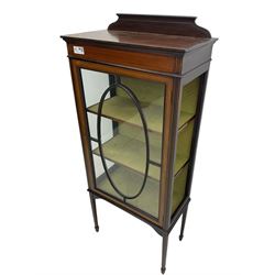 Edwardian inlaid mahogany display cabinet, shaped and raised back over single astragal glazed door, interior lined and fitted with two shelves, raised on square tapering supports