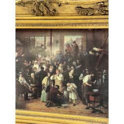 Transfer print on porcelain tile decorated with a market scene, signed lower right and stamped Vienna verso, set in a heavy gilt frame, H41cm, L54cm