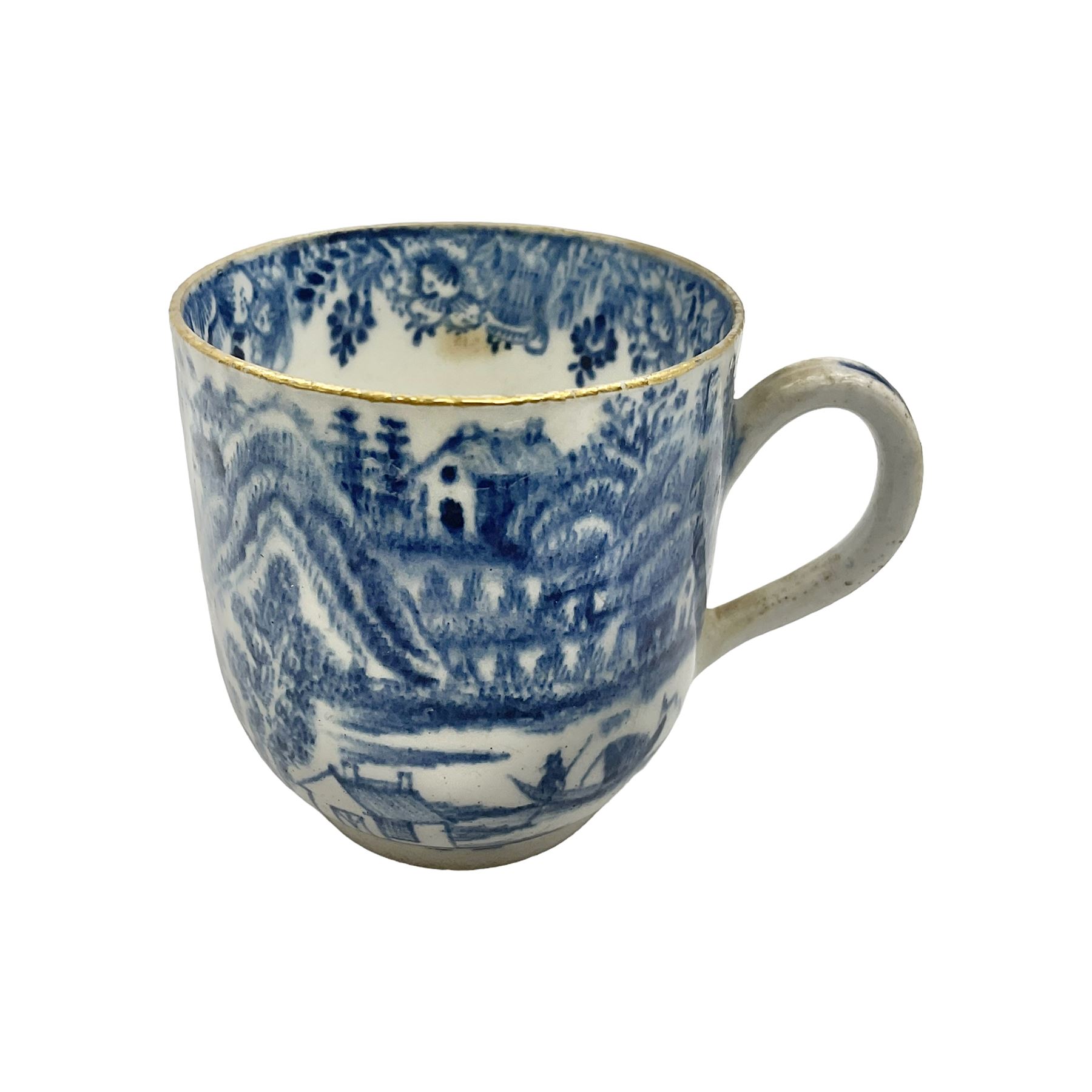 Rare 18th century Bow porcelain coffee cup, circa 1765-1770, profusely decorated with figures and dwellings in a rocky landscape, the interior with wide foliate border, H6cm