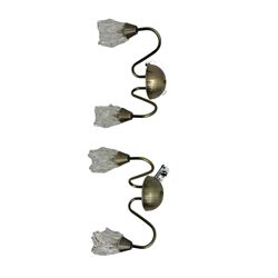 Contemporary five-branch chandelier, brass effect with moulded glass shades; matching pair of wall-mounted two-branch lights (3)