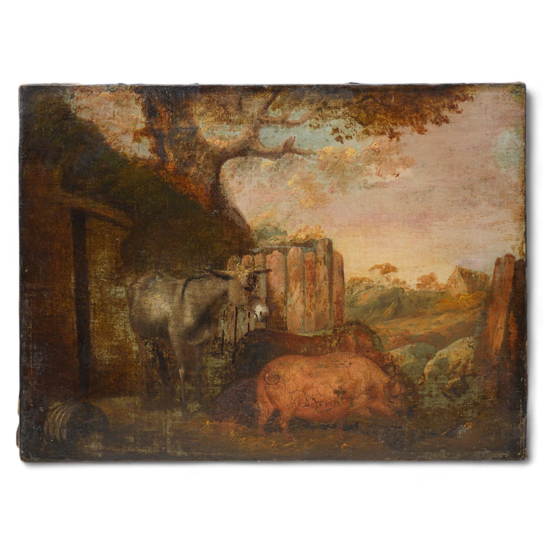 English Naive Primitive School (19th century): Donkey and Pigs in a Country Farmstead, oil on canvas unsigned 38cm x 51cm (unframed)