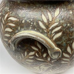 John Egerton (c1945-): studio pottery stoneware twin handled vase, decorated with birds in foliage on a mottled blue and brown ground, H28cm