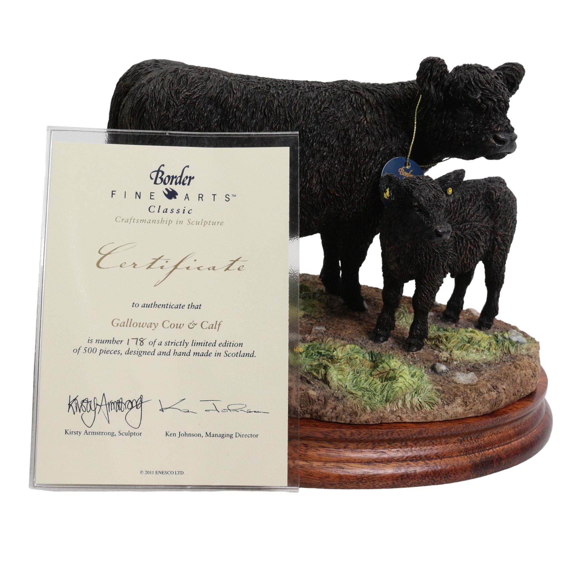 Border Fine Arts 'Black Galloway Cow and Calf' by Kirsty Armstrong, limited edition 178/500 on wood base, boxed and with certificate