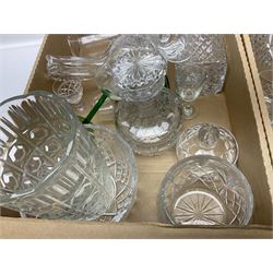 Cut crystal and glassware, including Stuart Crystal mushroom decanter, Elizabeth crystal vase, drinking glasses, tumblers, etc, in four boxes