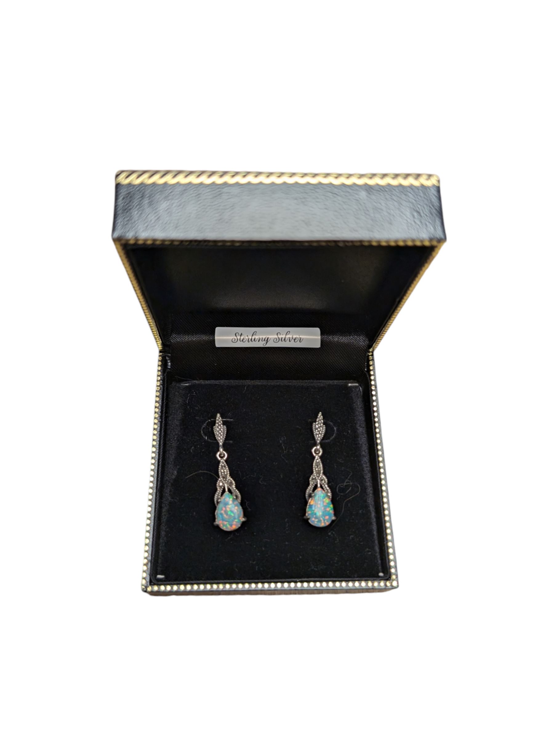 Pair of silver marcasite opal pendant earrings, stamped and boxed 