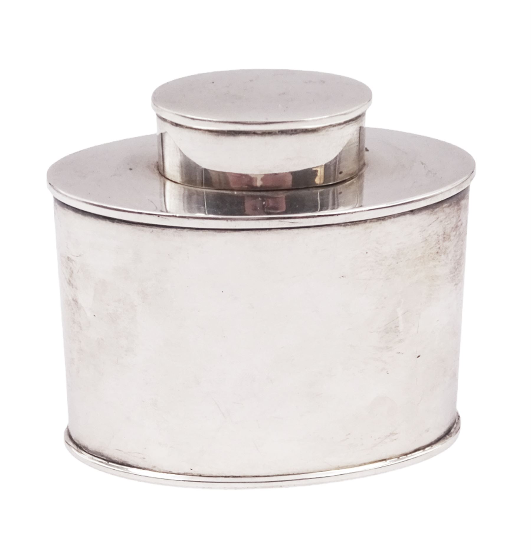 1920s silver tea caddy, of plain oval form, with removable cover, hallmarked Deakin & Francis, Birmingham 1922, H7.8cm