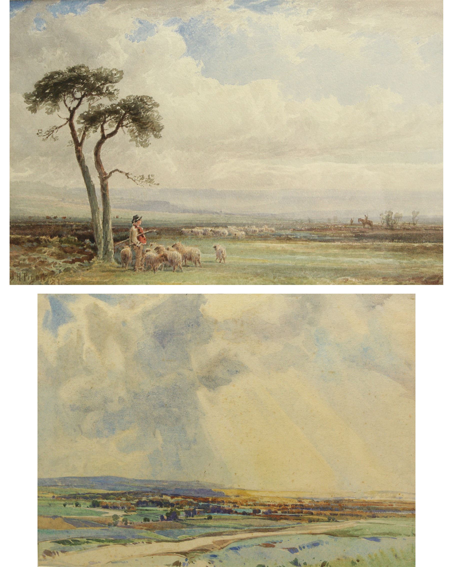 John Charles Moody (British 1884-1962): Rain on the Moors, watercolour signed 28cm x 38cm; Walter Henry Pigott (British 1810-1901): A Shepherd Watching his Flock, watercolour signed and '81, 23cm x 34cm (2)