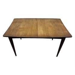 Mid 20th century Danish teak extending dining table, rectangular top with contrasting central draw leaf, on tapered supports; with four teak dining chairs with string seats