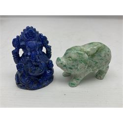 Carved Lapis lazuli figure in the form of Ganesha, together with turquoise carved buddha, tigers eye owl and other carved figures and plaques, Ganesha 8cm