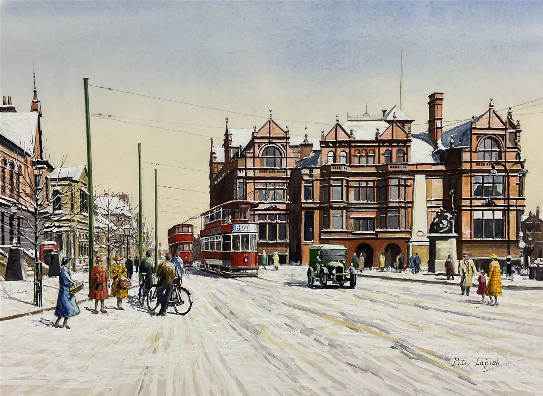 Peter Lapish (British 1937-): 'Victoria Square - St Helen's 1930s', acrylic on paper signed, titled verso 25cm x 35cm