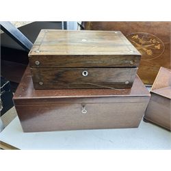 Three 19th century wooden boxes, to include a sewing box of sarcophagus form upon compressed bun feet, plus a mahogany twin handled kidney shaped tray, in one box