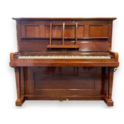 Bluthner of Leipzig - Early 20th century overstrung upright piano, serial number 79496 (1910), in a mahogany case with three front case panels and folding music desk, with 85 keys (seven octaves) underdamper action, original hammers, stringing, tuning pins, dampers and felts, with sostenuto and sustain pedals. Julius Bluthner was considered to be one of the the best makers of German upright pianos in the early 20th century both for tone quality and build. 

This item has been registered for sale under Section 10 of the APHA Ivory Act.