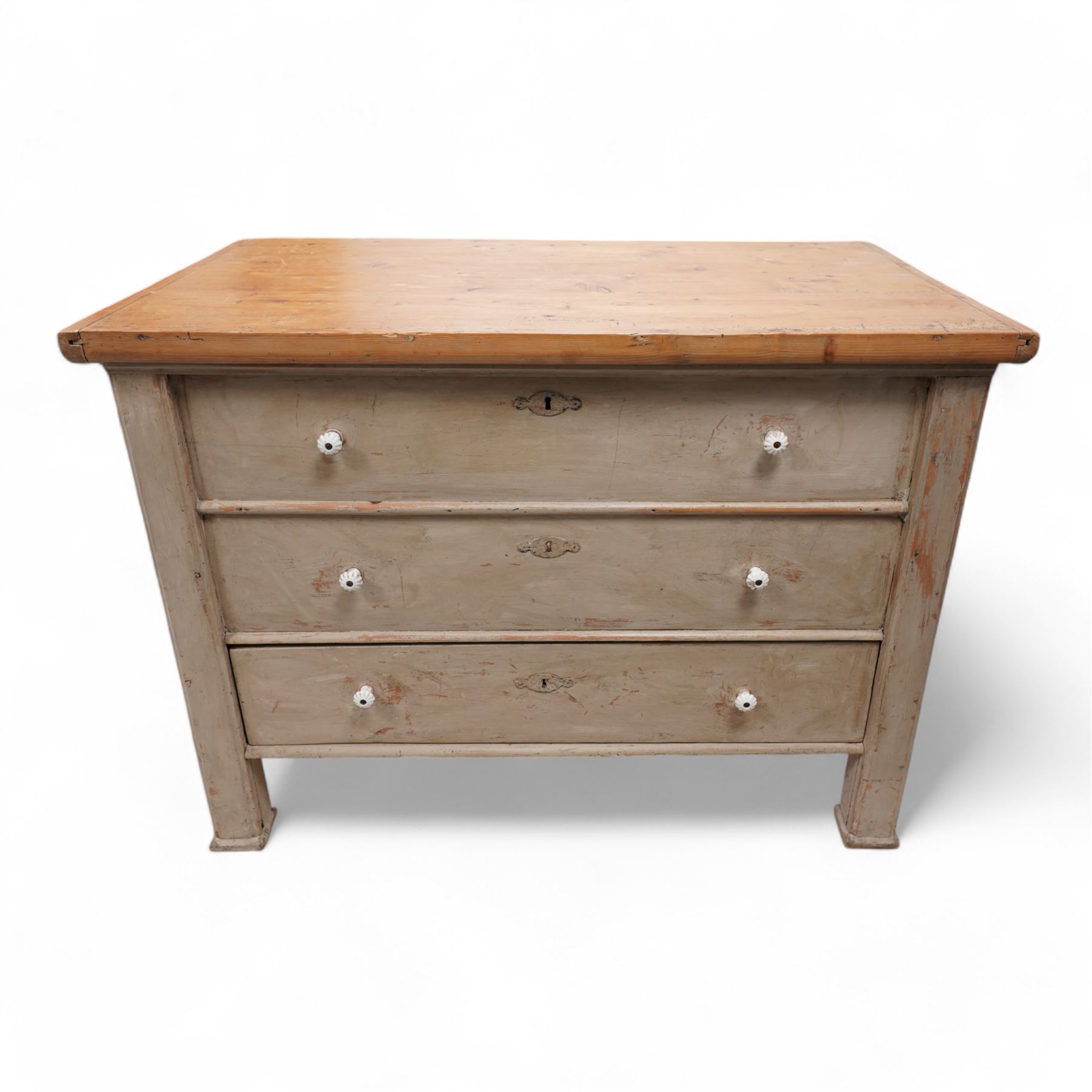 Painted pine mule chest, hinged lid over two false drawers and single bottom drawer, in grey paint and wax finish