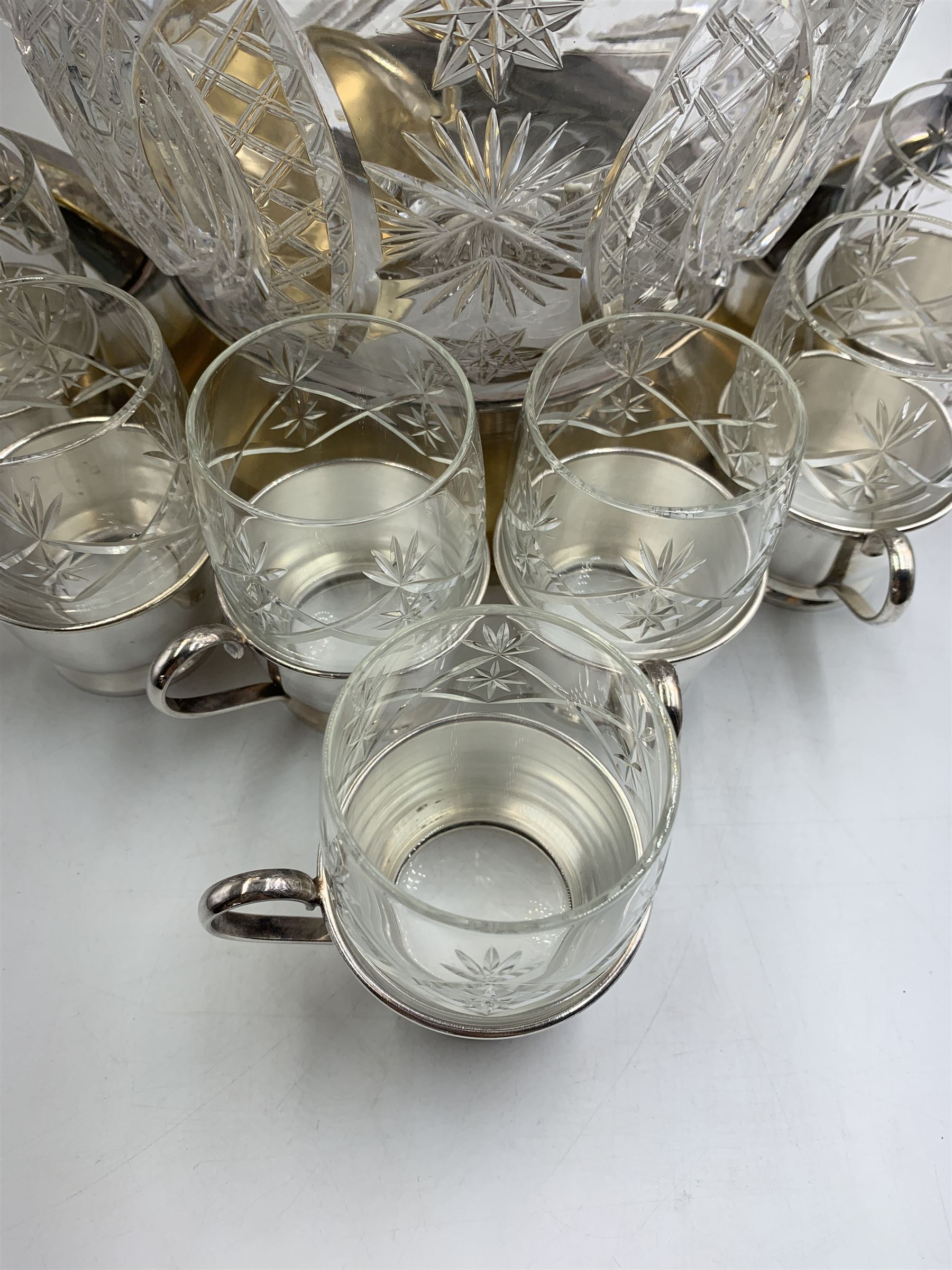 Art Deco German silver plate and cut glass punch bowl & cover, with ladle and twelve cut glass and silver plate cups, makers marks for Badische Metallwarenfabrik