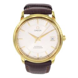 Omega De Ville Prestige gentleman's 18ct gold automatic chronometer wristwatch, Ref. 168.1050, Cal. 1120, serial No. 60180809,  silvered dial with baton hour markers and date aperture, on Omega brown leather strap, with Omega gilt buckle