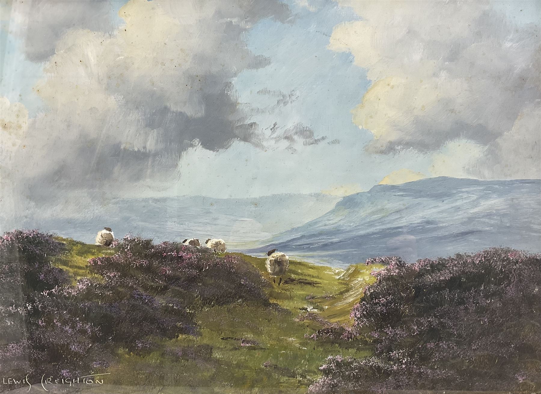 Lewis Creighton (British 1918-1996): Sheep amongst Heather, oil on board signed 35cm x 47cm 