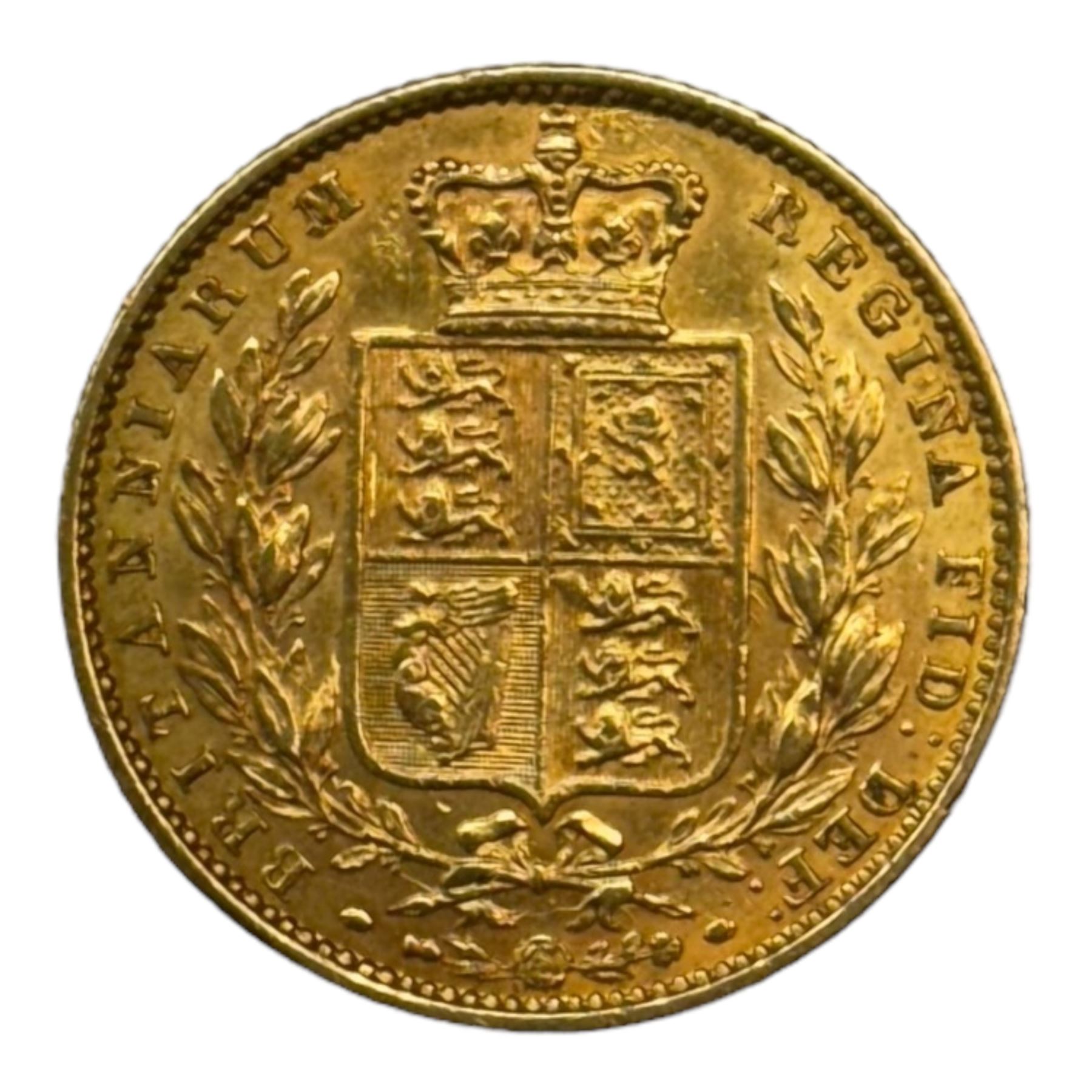 Queen Victoria 1852 gold full sovereign coin, shield back