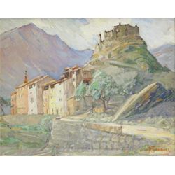 J P Turnbull (British 20th Century): Castle Ruins on Mountain Top, oil on board signed 32cm x 40cm 