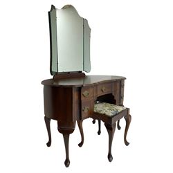 Early 20th century Dutch design mahogany kidney-shaped dressing table, raised triple mirror back, fitted with central frieze drawer flanked by four graduating drawers, on cabriole supports, with stool