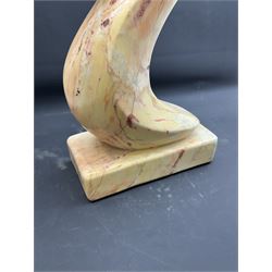 Abstract marble sculpture modelled as a mother and child on a rectangular base, H62cm