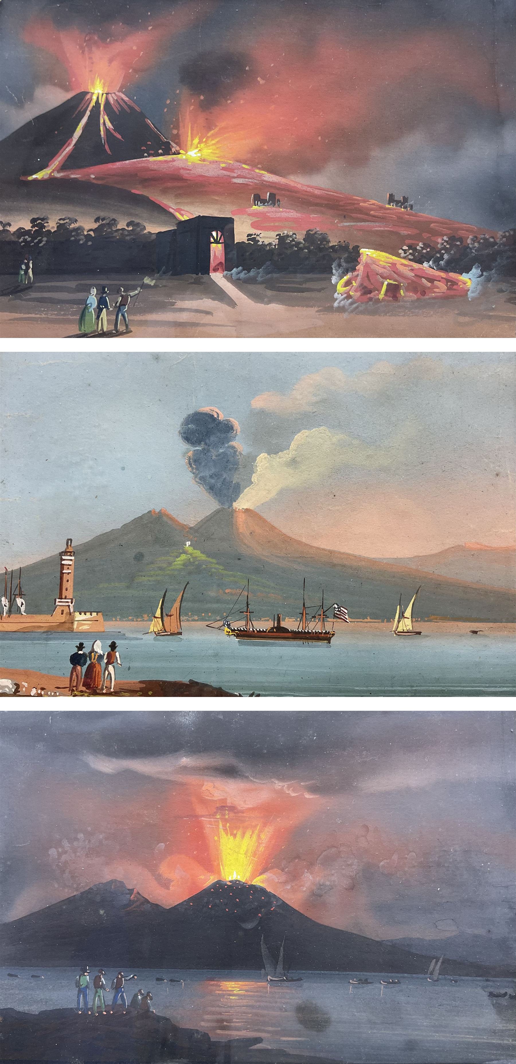 Neapolitan School (Mid 19th century): 'Vesuvius Erupting 9th Febuary 1850' seen from the Riviera di Chiaia Beach Tower over the Bay of Naples, set of three gouaches night and day with American Paddle steamer in the foreground, unsigned titled and dated 16cm x 23cm (3)