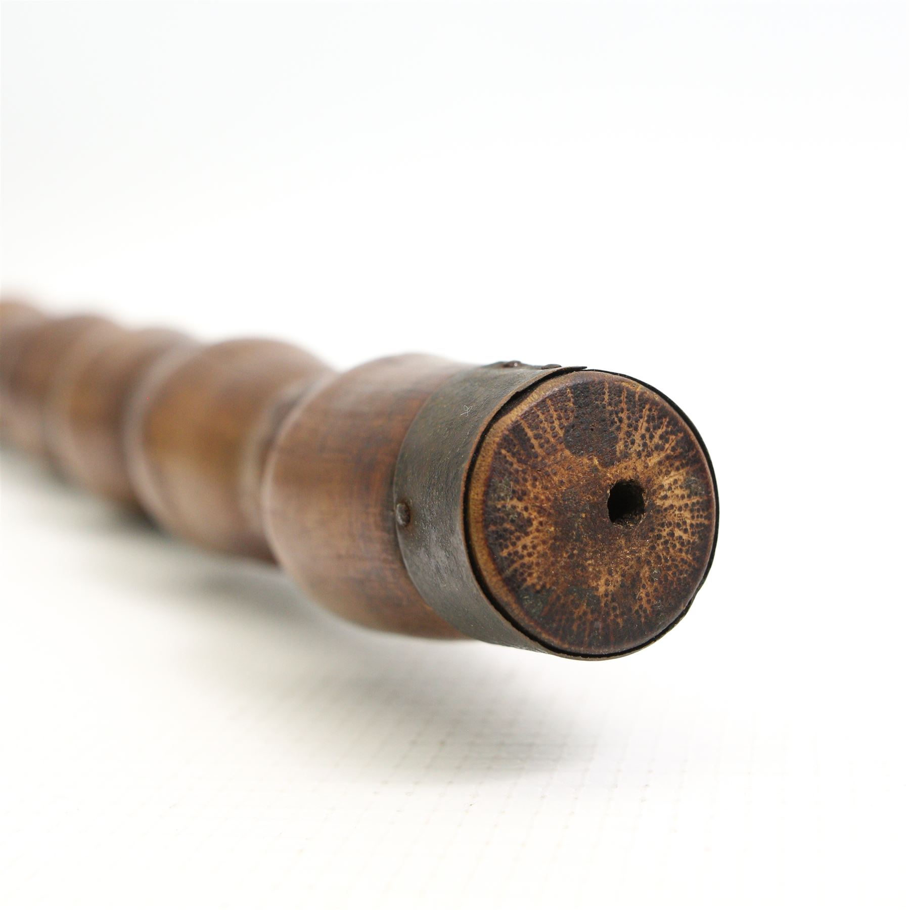 Chinese carved bamboo opium pipe with brass mounts, L44cm 