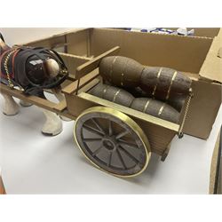 Commemorative ware, including mugs, shots glasses, plates and book etc, together with a ceramic shire horse and wooden cart, four Leonardo blue and white tea pots, and a collection of other ceramics and glassware, in three boxes 