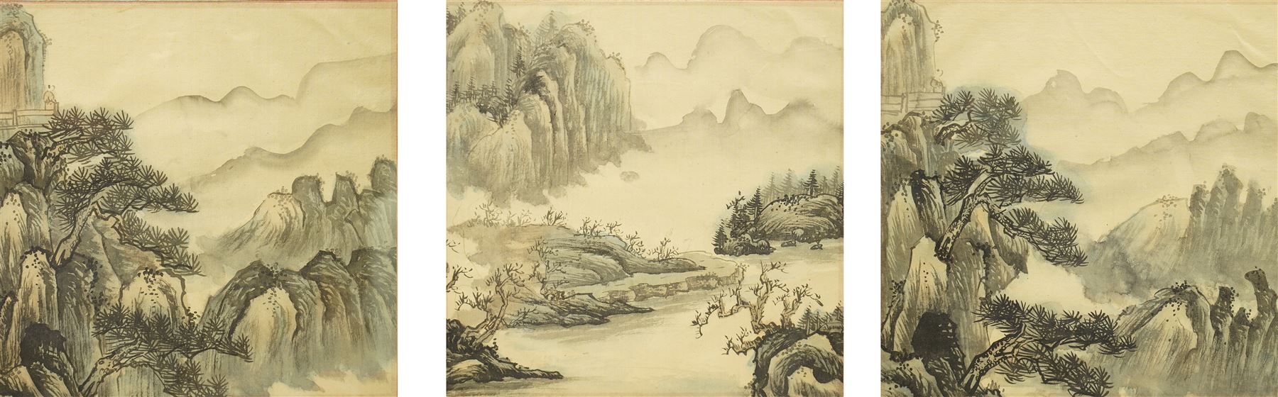 Chinese School (19th century): Mountainous Landscape with Temple and Trees, set three watercolours on silk unsigned 25cm x 25cm (3)