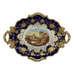 Early 19th century Ridgway twin handled oval dish, hand painted with figures in a river landscape, within a cobalt blue and moulded border, L30cm together with a similar twin handled serving dish, L28cm (2)