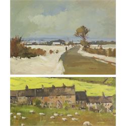 Michael Curgenven (Scottish Contemporary): 'A Moorland Road - Near Halifax', oil on board signed, titled verso 26cm x 38cm; Keith Harris (Yorkshire Contemporary): 'Thurstonland Cottages', oil on board signed, titled verso 10cm x 21cm (2)