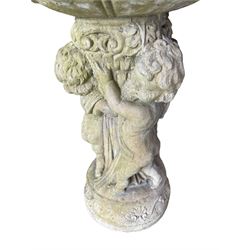 Cast stone planter or bird bath, supported by classical putti on circular base - THIS LOT IS TO BE COLLECTED BY APPOINTMENT FROM DUGGLEBY STORAGE, GREAT HILL, EASTFIELD, SCARBOROUGH, YO11 3TX