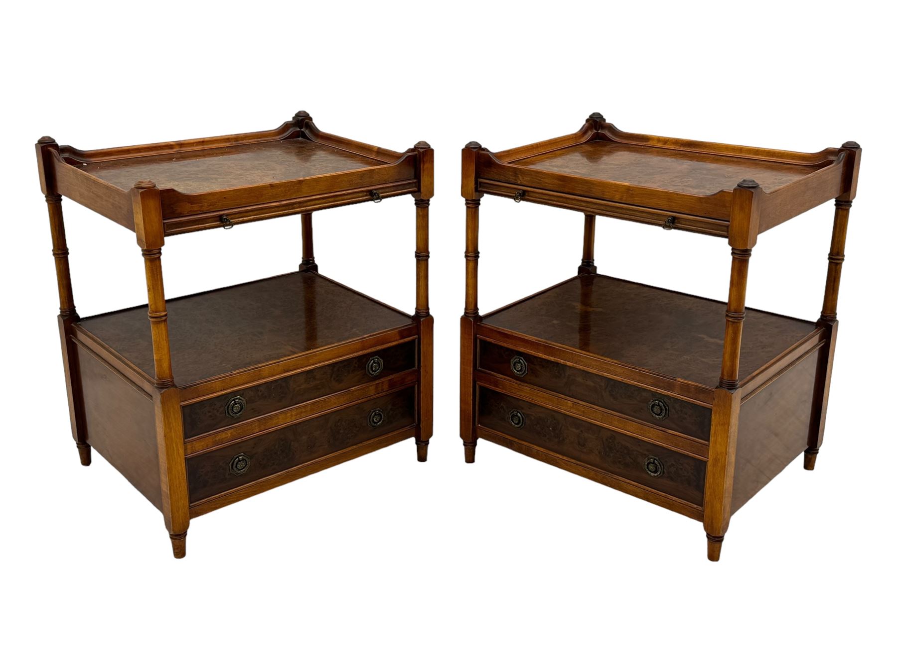 Wade - pair of Georgian design yew wood bedside or lamp tables, each with raised tray top over single shelf, the lower section fitted with two drawers with brass ring handles, raised on turned supports